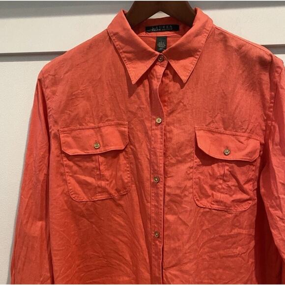 Talbots Top Large L Orange Melon Linen Button Up Roll Tab Lagenlook Boho Coastal - Picture 3 of 14
